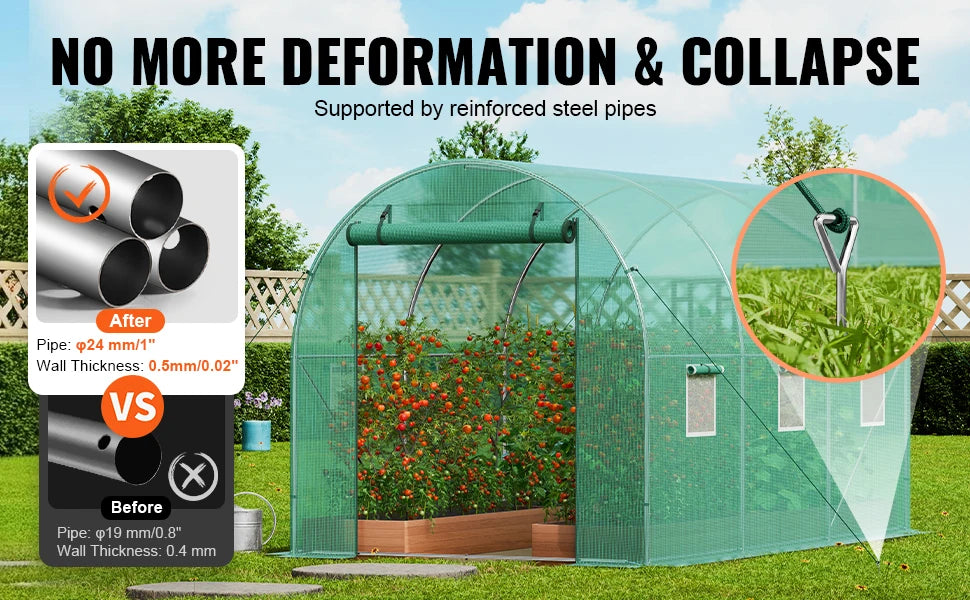 VEVOR Walk-in Tunnel Greenhouse Hoop House Greenhouse Tunnel Plant Hot House with Steel Frame Green PE Cover Roll-up Zipper Door