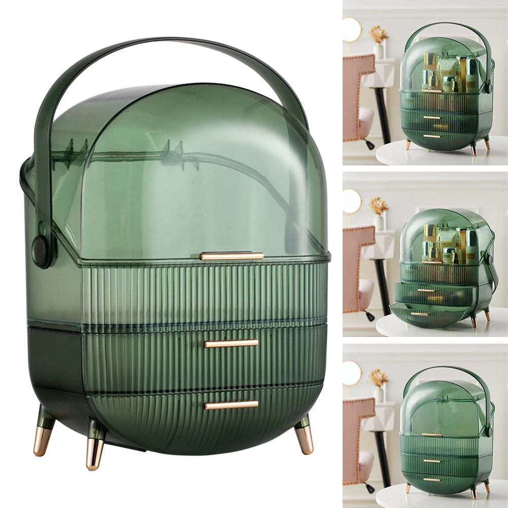 Transparent Green Makeup Organizer with Flip-Top 2 Drawers , Freestanding Large Capacity Cosmetic Storage 25x18.5x38cm