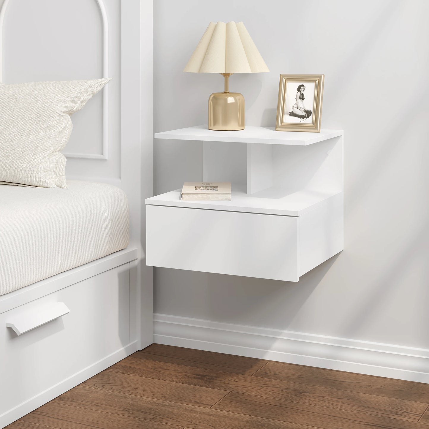 Modern Wooden White/Black Hanging Bedside Table Wall Shelf 40x35x31cm Nightstand with Drawer for Bedroom Home