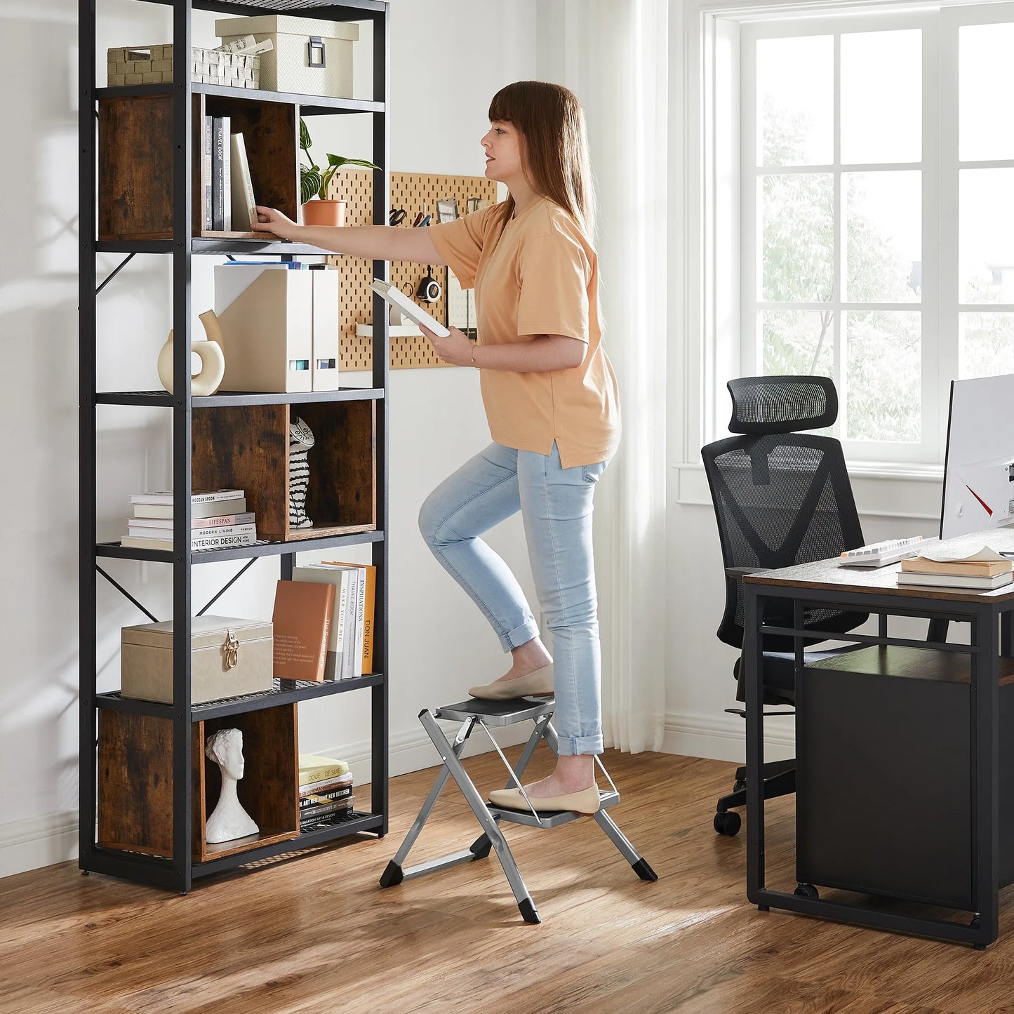 SONGMICS 2 Step Ladder, Heavy Duty Steel, Folding, Portable with Anti-Slip Mat Max. Load Capacity up to 150 kg