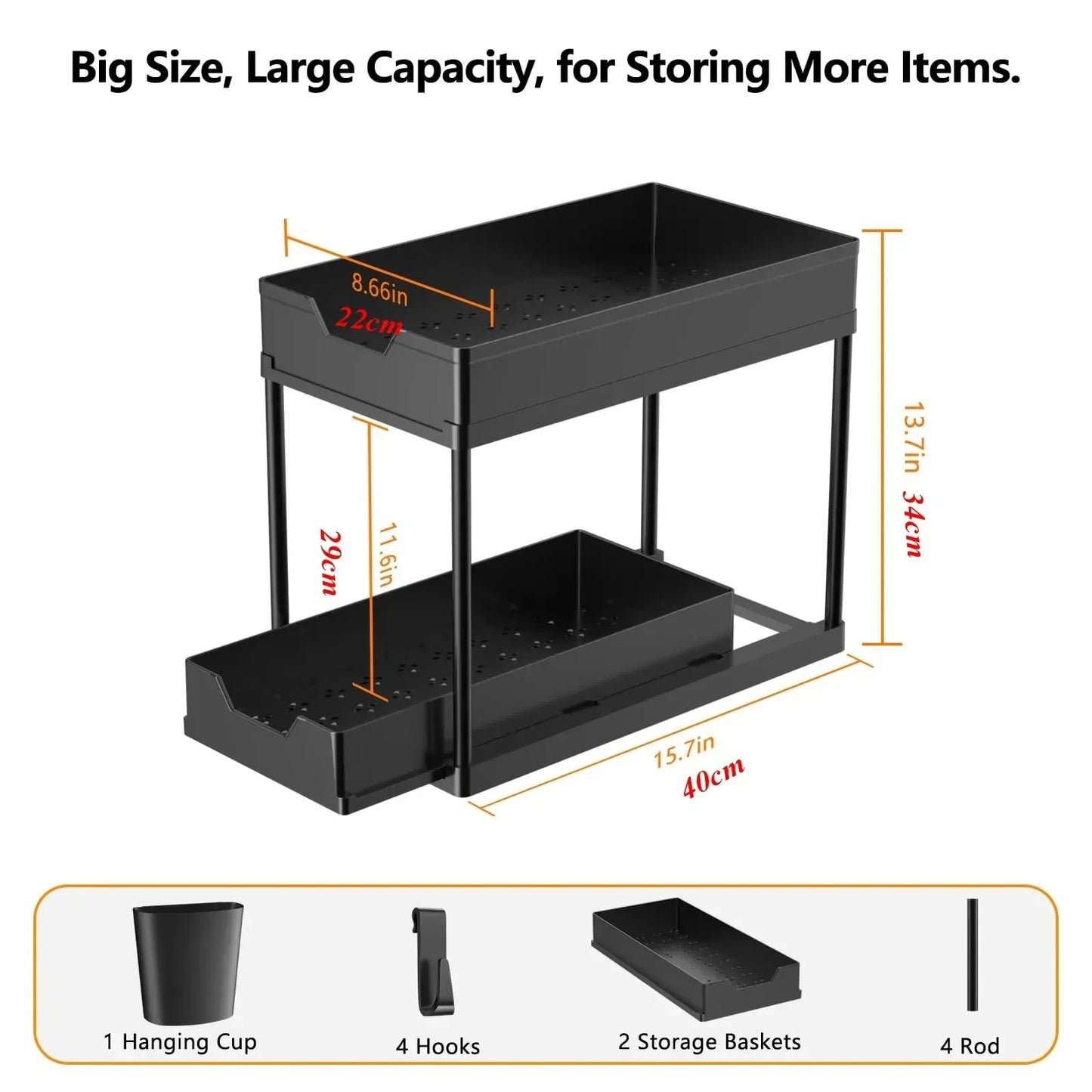 Organisation and storage under the sewer, kitchen finishing rack with double sliding drawers, multifunctional storage rack shelf