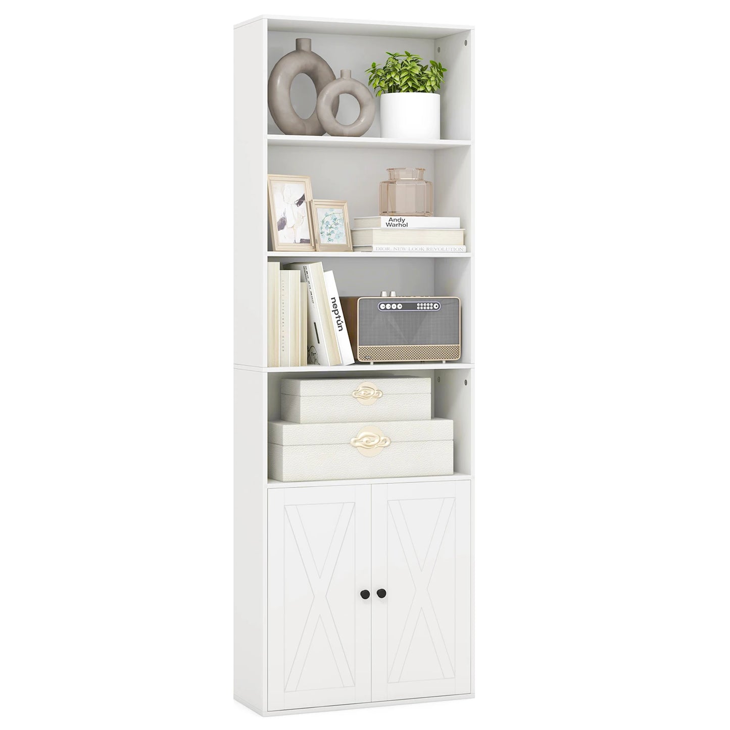 GOFLAME 6-Tier Freestanding Bookcase, Modern Bookshelf with Farmhouse Style Cabinet Doors