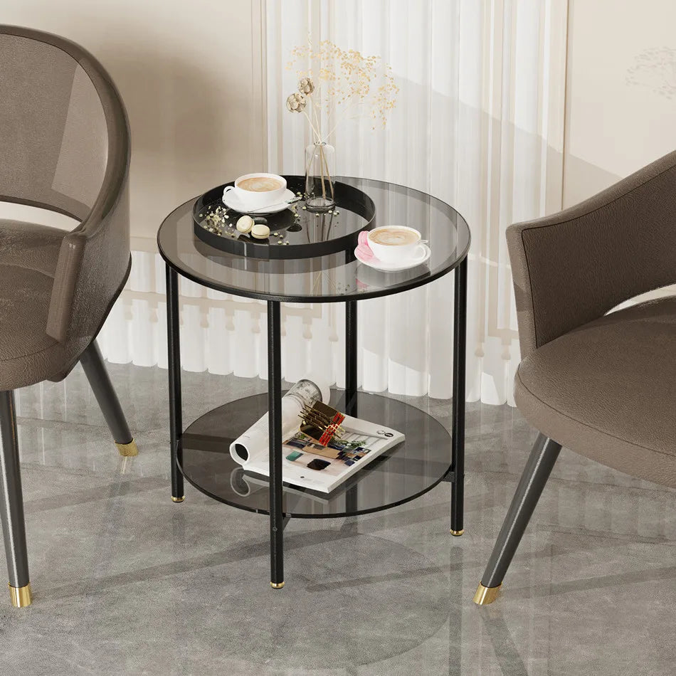 LUVODI Round Tempered Glass Coffee Table Living Room Sofa End Table with 2-tier Storage for Home, Office