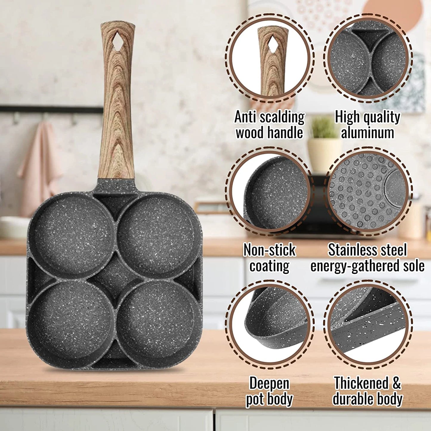 4-Hole Omelet Frying Pot Pan Non-stick Egg Pancake Steak Pan Cooking Egg Ham Pans Suitable for Gas Stove Induction Cooker