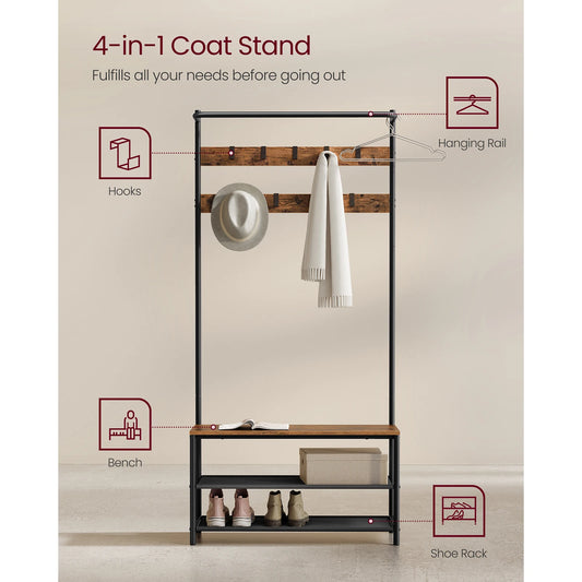 VASAGLE Coat Rack with Shoe Storage, Hall Tree, Coat Stand with Shoe Bench, 9 Movable Hooks, Top Bar, 32.2 x 84 x 180 cm