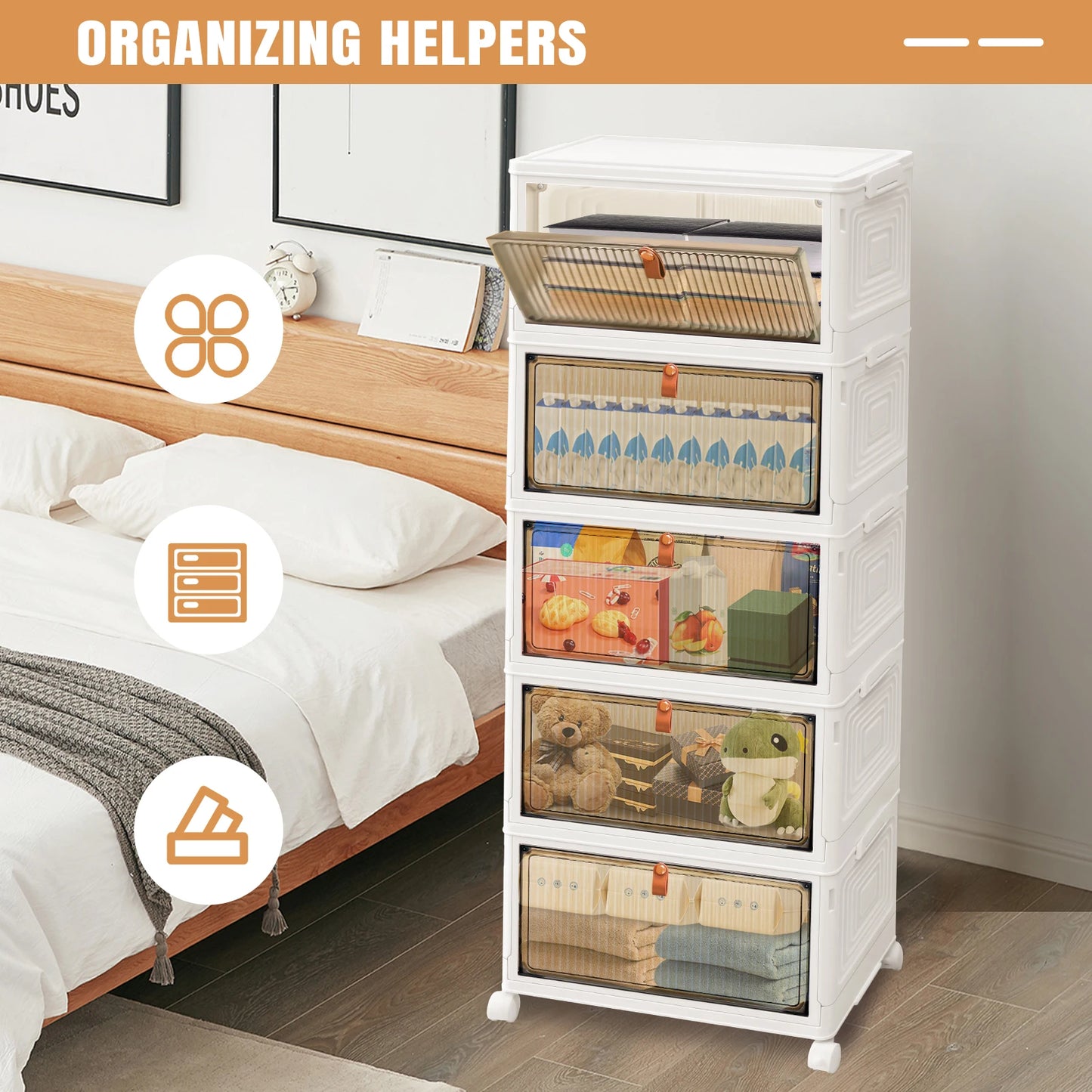 3/4/5-Tier Storage Boxes with Lid, Plastic Storage Boxes with 4 Universal Wheels, Organizer for Bedroom Living Room Study Office
