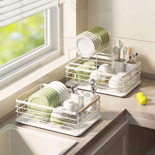 2 Tier Dish Drying Rack Kitchen Adjustable Stainless with Drain Basket Countertop Dinnerware Organizer Drainboard Storage Holde