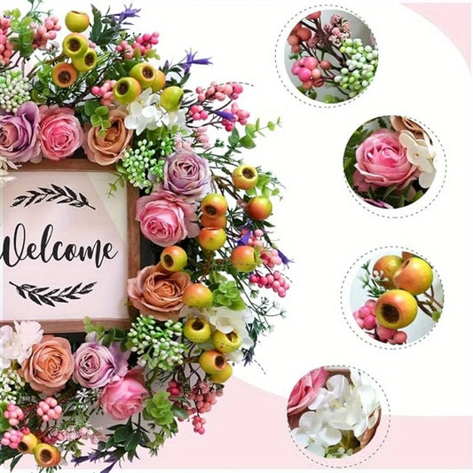 40cm Spring Summer Wreath Front Door Artificial Berries and Colorful Flower Wreath with Welcome Sign Wall Window Greenery Wreath