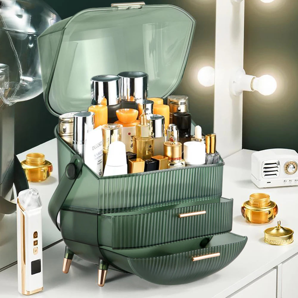 Transparent Green Makeup Organizer with Flip-Top 2 Drawers , Freestanding Large Capacity Cosmetic Storage 25x18.5x38cm