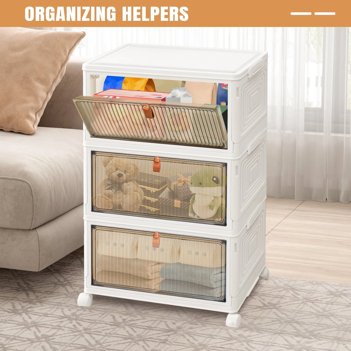 3/4/5 Tier Plastic Storage Boxes with Lid, Stackable Storage Boxes with Wheels for Bedroom Living Room Study Office