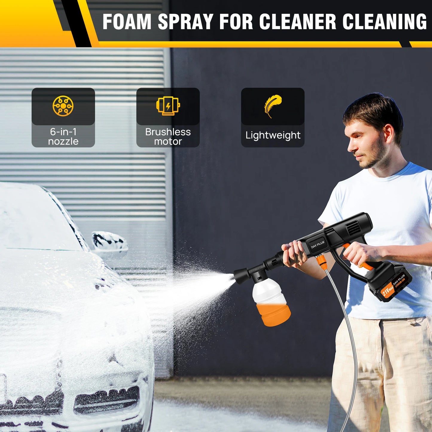 DayPlus Cordless Pressure Washer Portable Power Cars Washer Cleaner 3.0Ah Battery Powered High Pressure for Garden Floor,150BAR