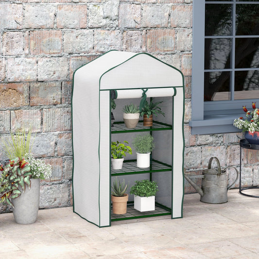 3 Tier Mini Greenhouse with Reinforced PE Cover, Outdoor Greenhouse, White