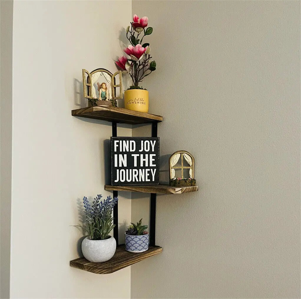 Corner Shelf Wall Mounted 3 Tier Rustic Wood Wall Shelving Units for Kitchen Living Room Bathroom
