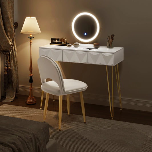 1SET Dresser Vanity Makeup Table Girls Women Dressing Table with 3-level Adjustable LED Mirror Velvet Chair for Bedroom Gift