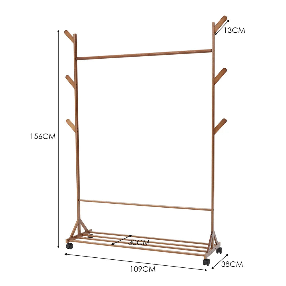 Bamboo Garment Hat Rack with 360-rotating Wheels for Bedrooms Entryways Laundry Rooms