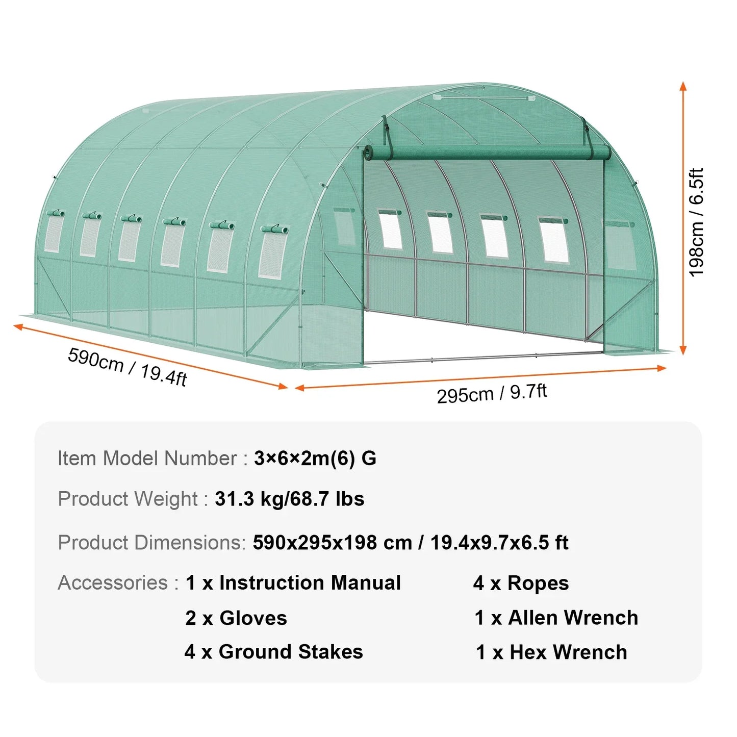 VEVOR Walk-in Tunnel Greenhouse Hoop House Greenhouse Tunnel Plant Hot House with Steel Frame Green PE Cover Roll-up Zipper Door