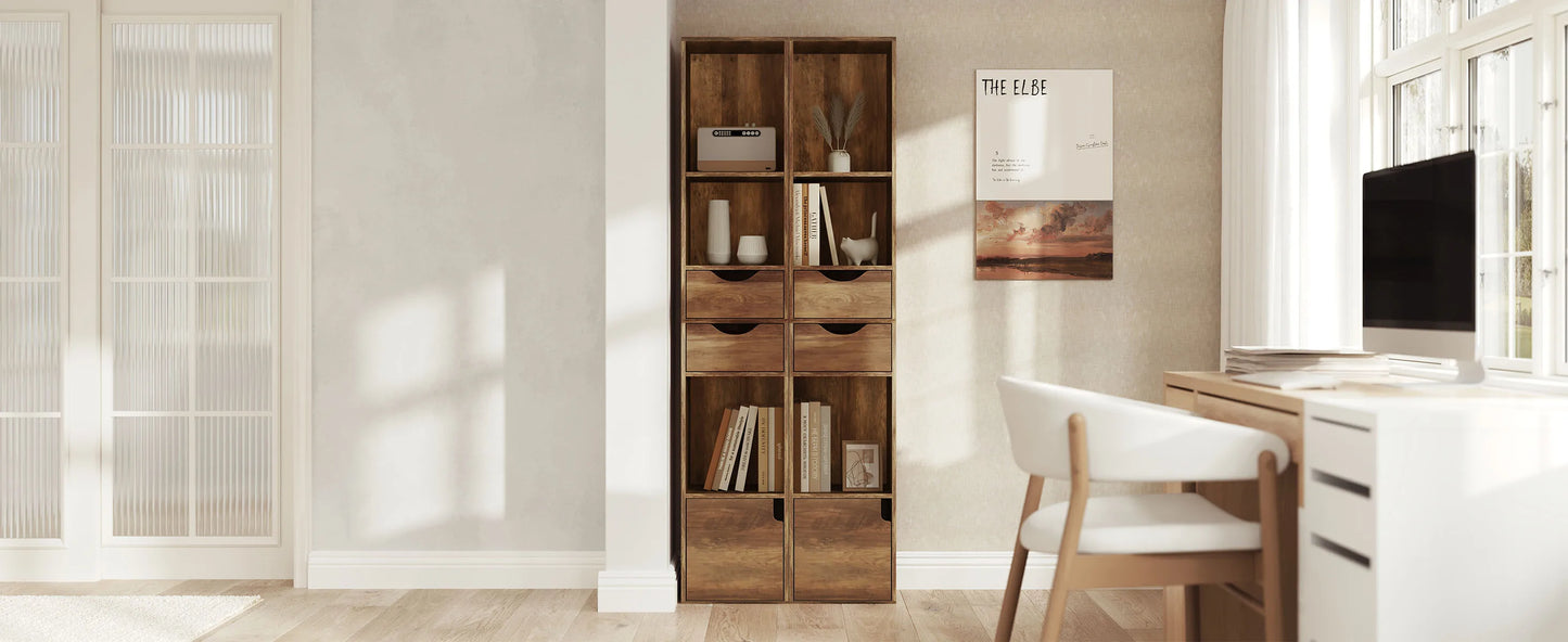 WOLTU Bookcase Standing Shelf with Drawers Door 30x158x24cm Home Office Display Storage Shelves Organizer for Living Room Decor