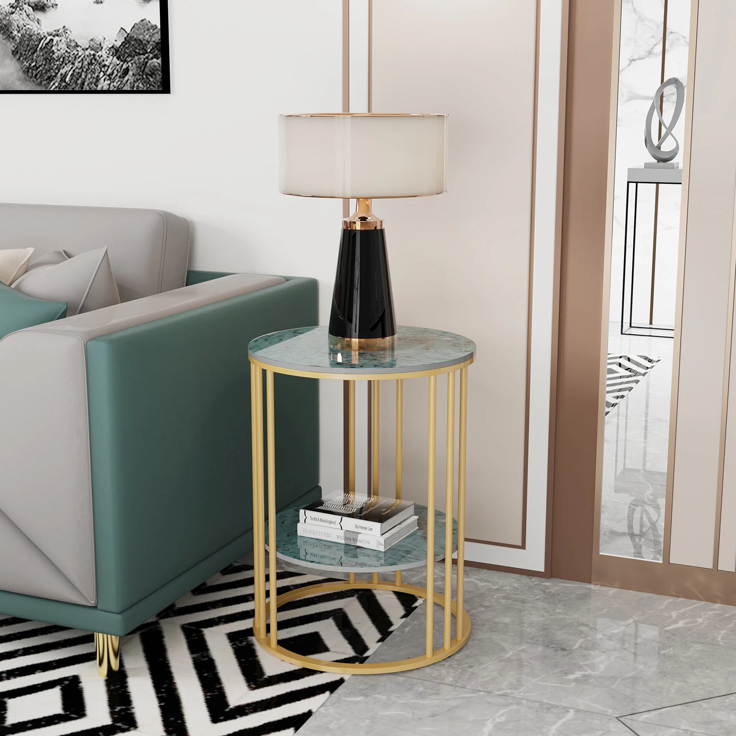 Round Marble Coffee Table Sofa Side Table Living Room Home Furniture Metal Frame 3 Colors