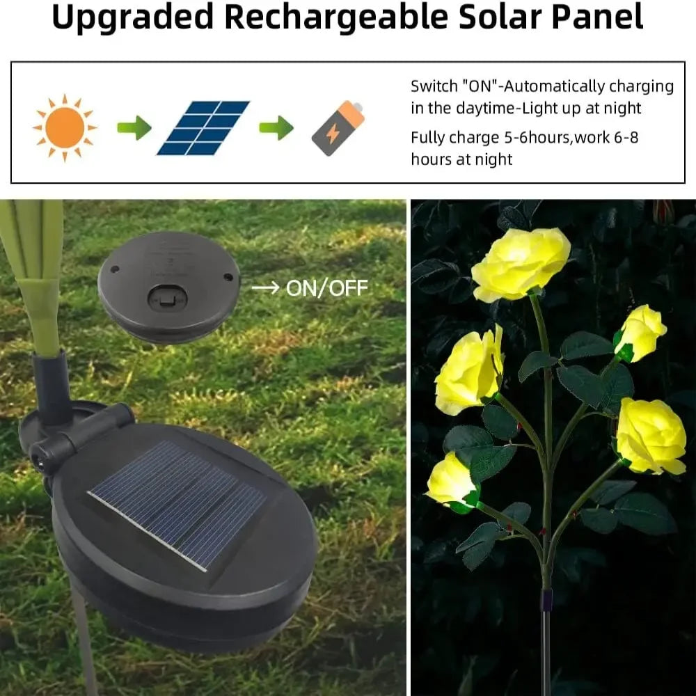 LED Solar Power Yellow Rose Wer Stake Lights Outdoor Garden Path Party Decor