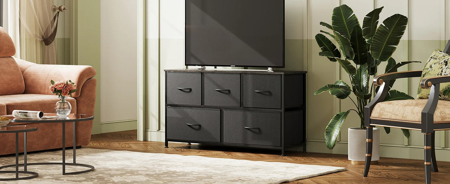 Chest of Drawers,5 Fabric Drawers Cabinet with Easy Pull Handle,Wood Top and Sturdy Steel Frame for Bedroom,Living Room