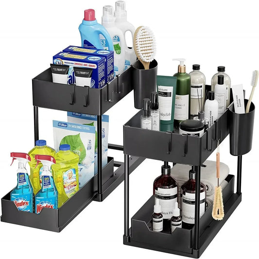 Organisation and storage under the sewer, kitchen finishing rack with double sliding drawers, multifunctional storage rack shelf