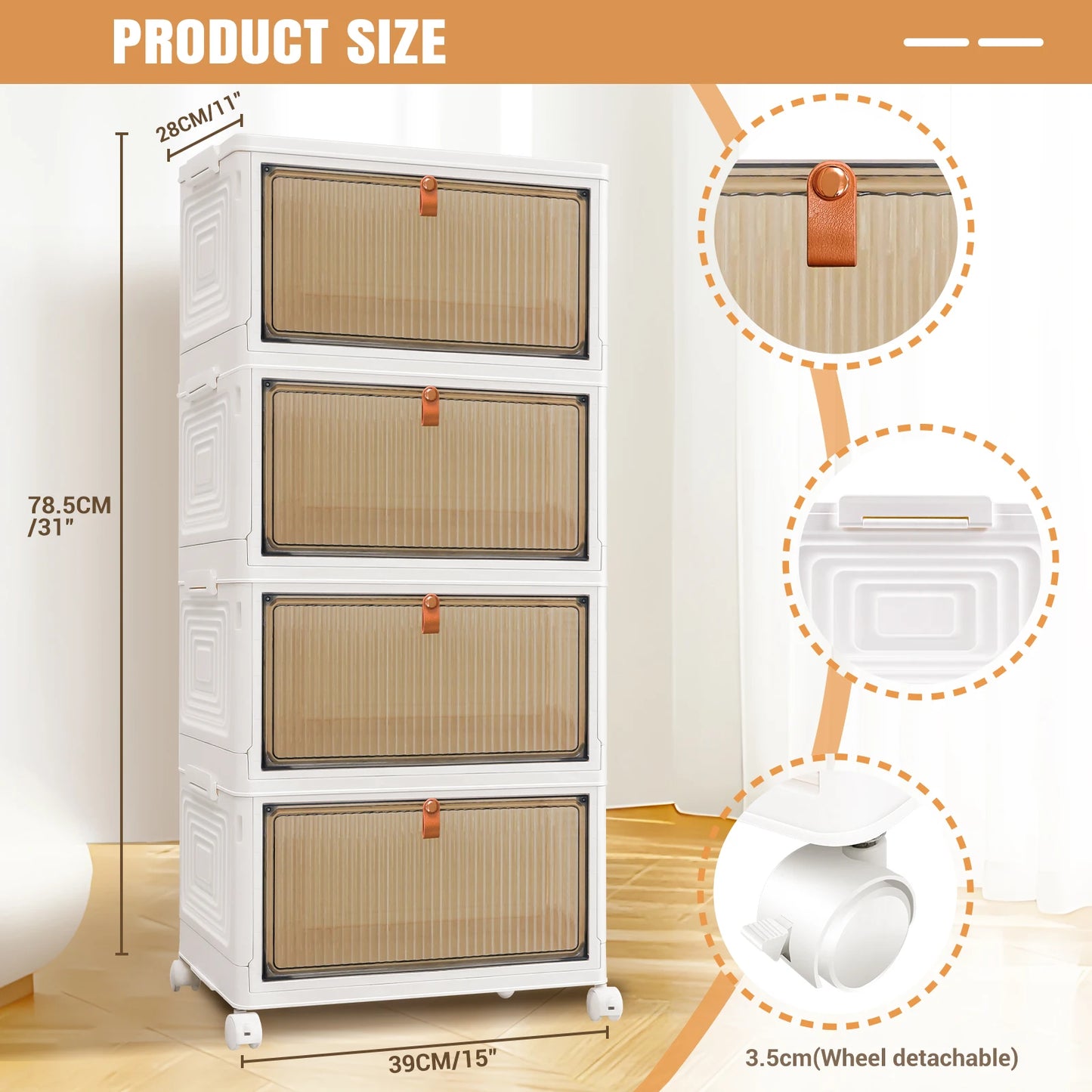 3/4/5 Tier Plastic Storage Boxes with Lid, Stackable Storage Boxes with Wheels for Bedroom Living Room Study Office