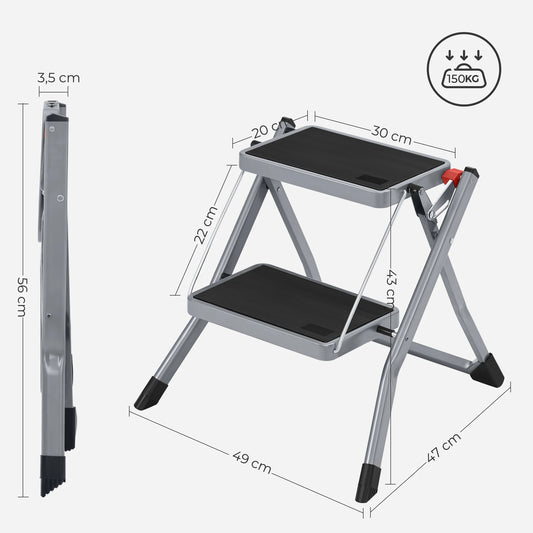 SONGMICS 2 Step Ladder, Heavy Duty Steel, Folding, Portable with Anti-Slip Mat Max. Load Capacity up to 150 kg