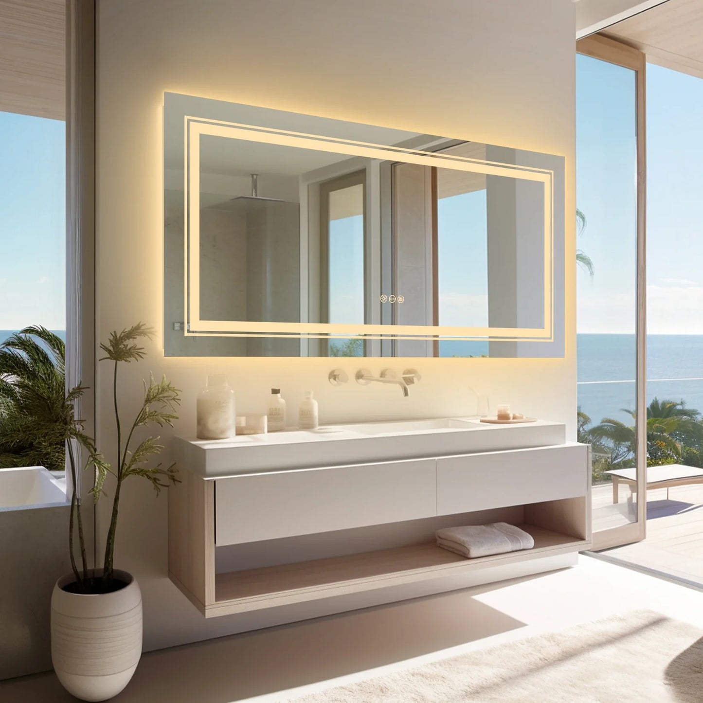 Extra Large Rectangle Bathroom Mirror LED Vanity Dimmable Backlit Anti-Fog Memory with Front and Backlight Shatter-Proof