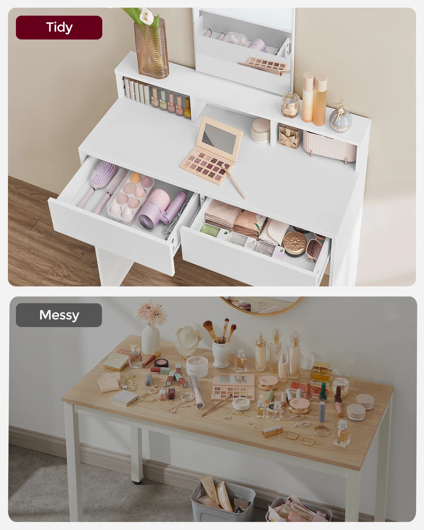 VASAGLE Dressing Table with Large Rectangular Mirror, Vanity Table with 2 Drawers and 3 Open Compartments, Vanity Table