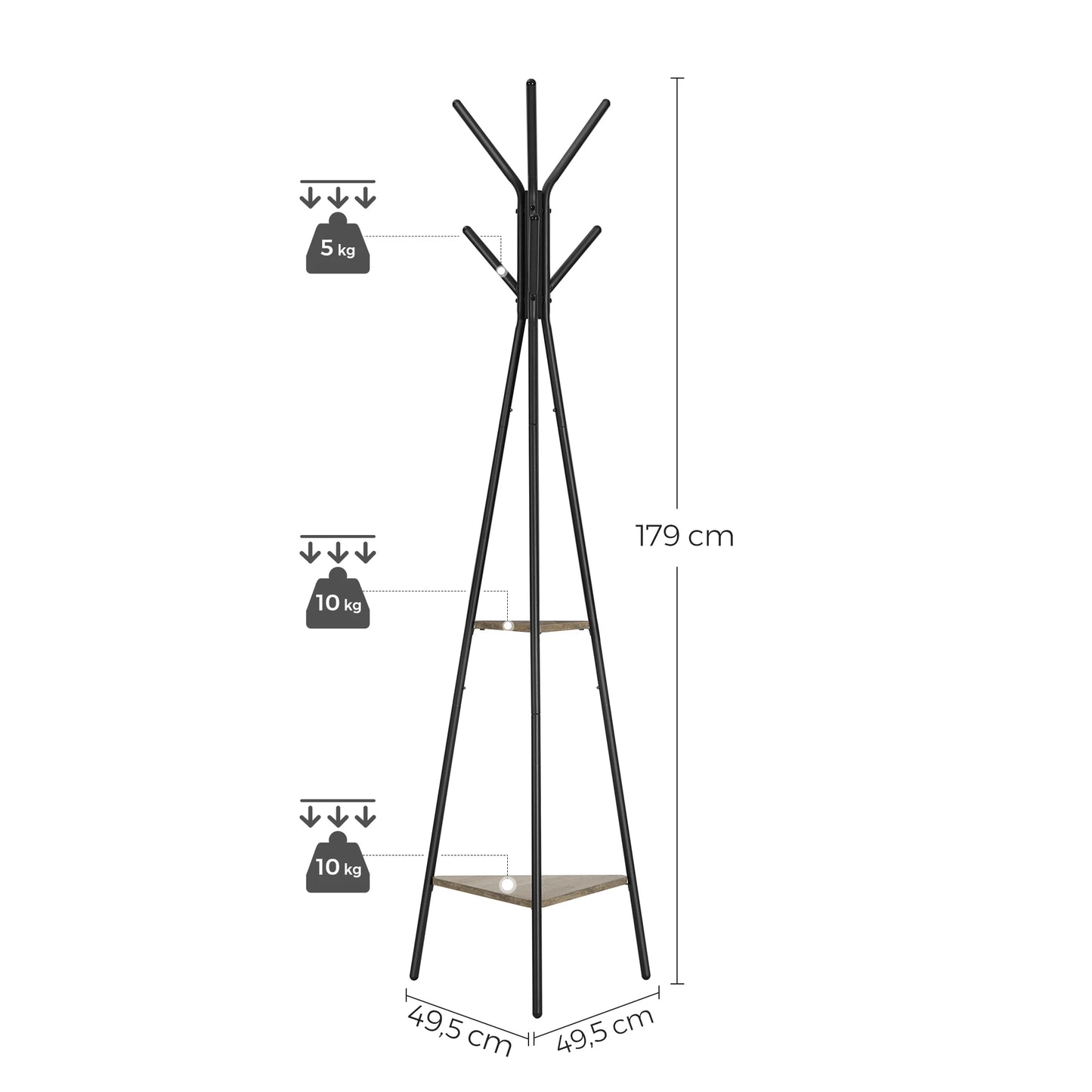 VASAGLE Rack Stand, Coat Tree, Hall Tree Free Standing, Industrial Style, with 2 Shelves, for Clothes, Hat, Bag