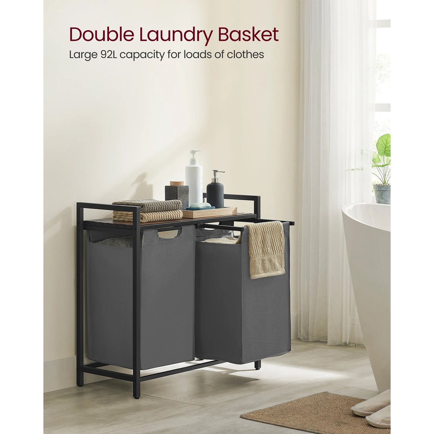 VASAGLE Laundry Basket, 2-Compartment, Pull-Out and Removable Laundry Bags,Metal Frame, 2 x 46L, 73 x 33 x 72 cm