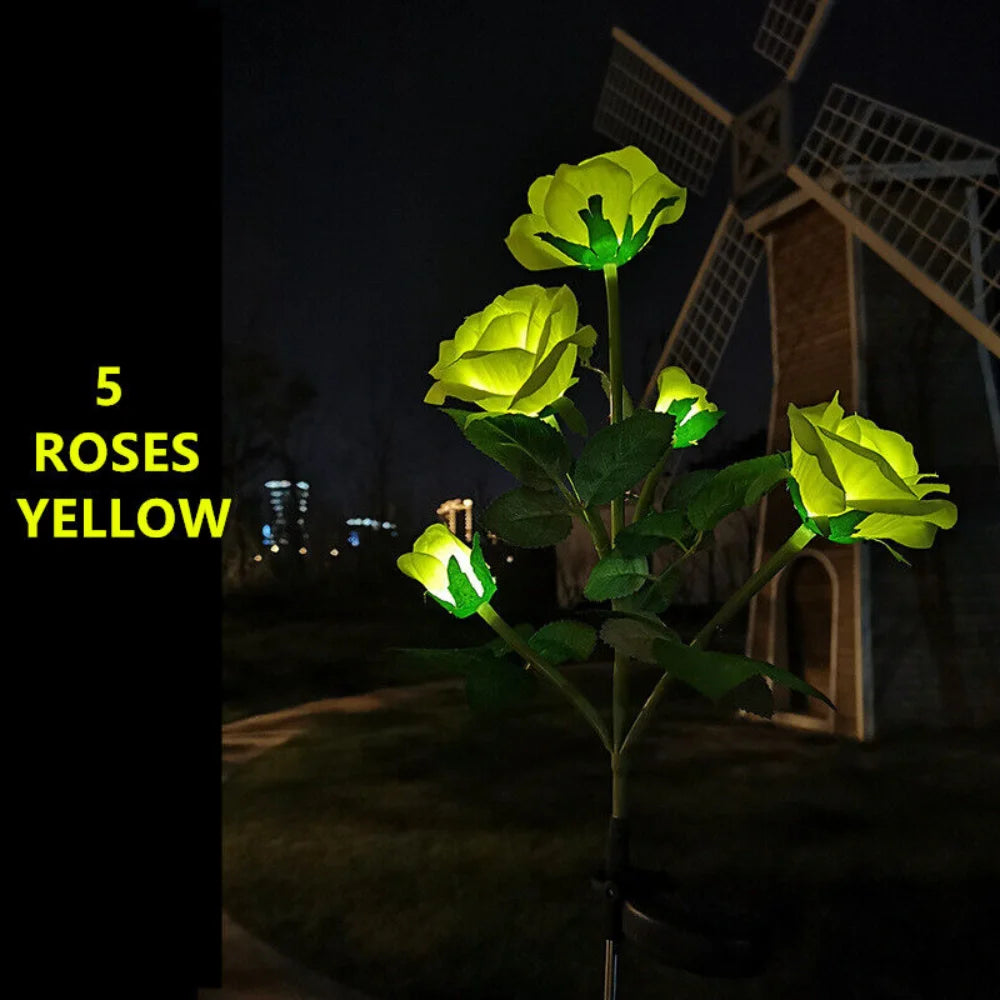 LED Solar Power Yellow Rose Wer Stake Lights Outdoor Garden Path Party Decor