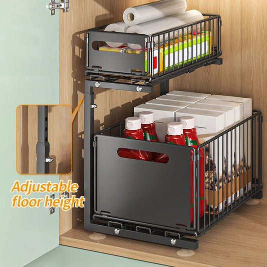 2-tier Under Sink Storage Organizer,Ajustable Sliding Cabinet Storage Basket,Kitchen Storage Rack with suction cups,Pull out Cab