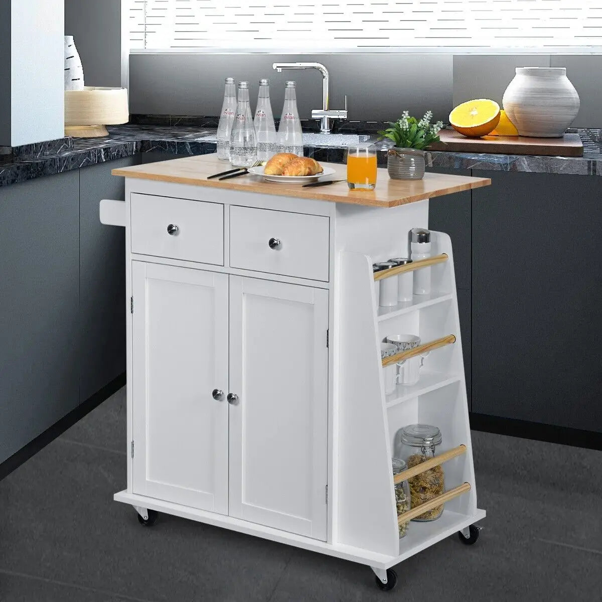 GOFLAME Kitchen Island Rolling Storage Cabinet Trolley Cart Adjustable Shelves 2 Drawers