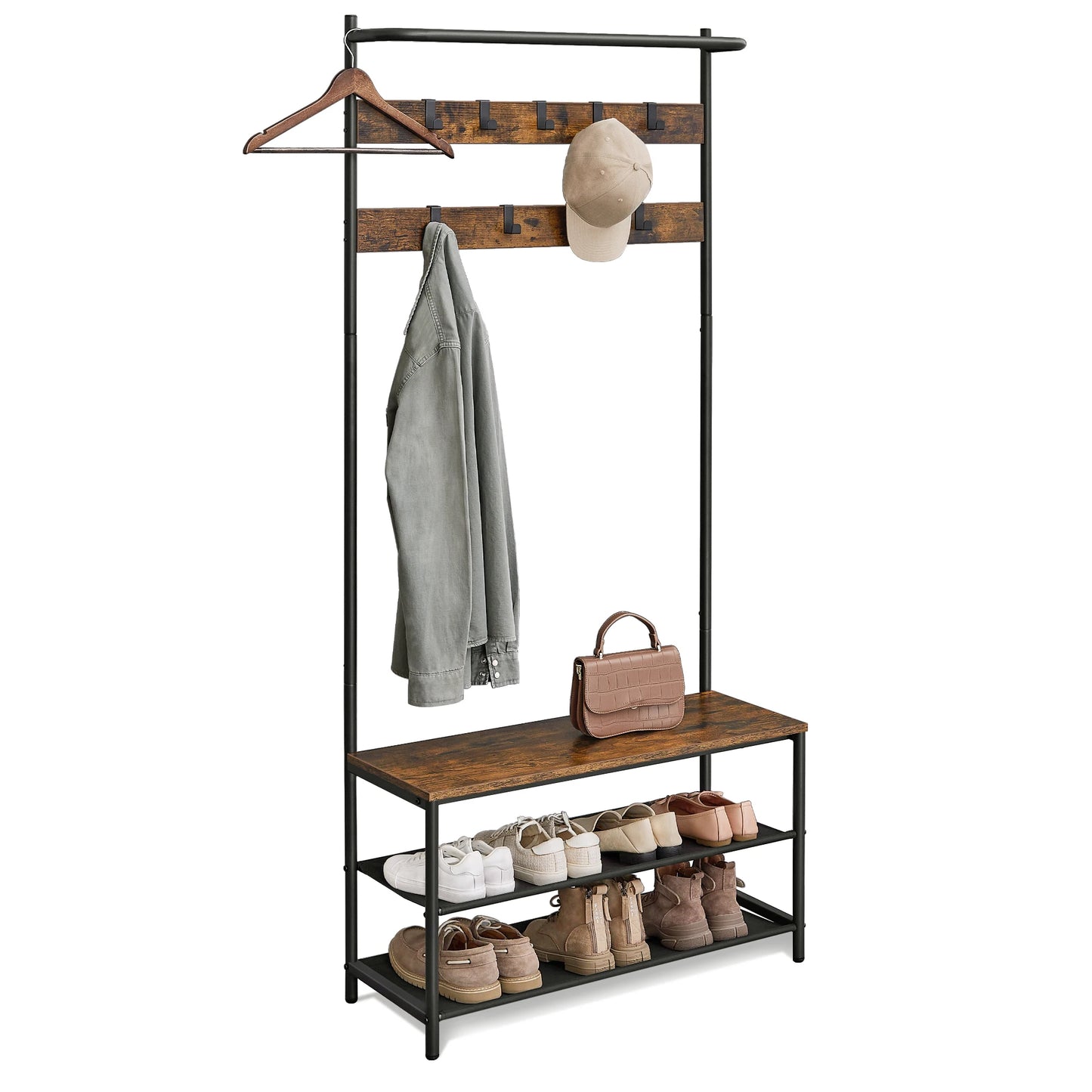 VASAGLE Coat Rack with Shoe Storage, Hall Tree, Coat Stand with Shoe Bench, 9 Movable Hooks, Top Bar, 32.2 x 84 x 180 cm