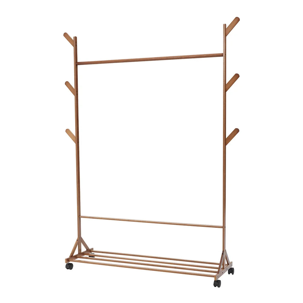 Bamboo Garment Hat Rack with 360-rotating Wheels for Bedrooms Entryways Laundry Rooms