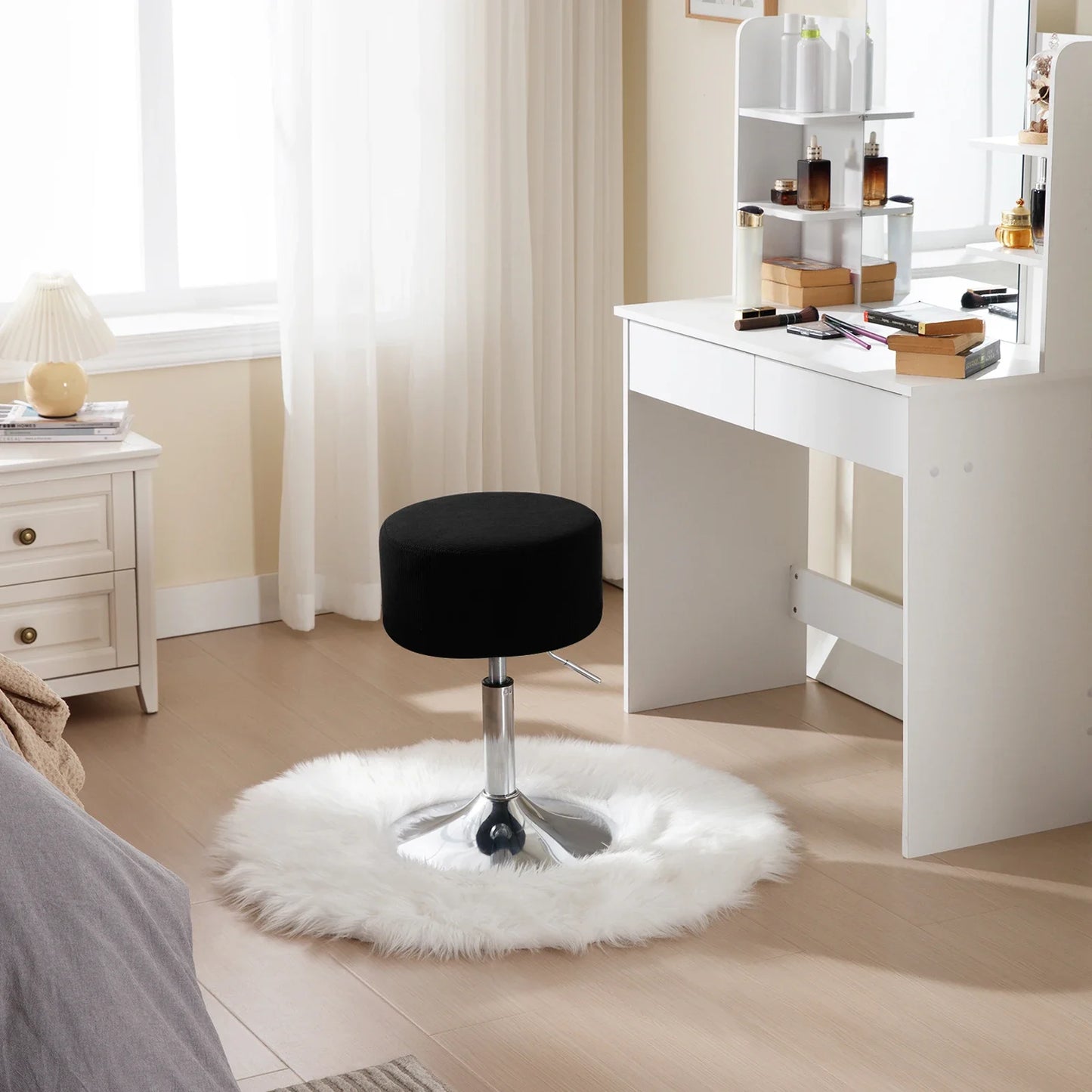 1PC White Round Swivel Bar Stools Height-Adjustable Makeup Stools Corduroy Padded Stools for Office Kitchen Home