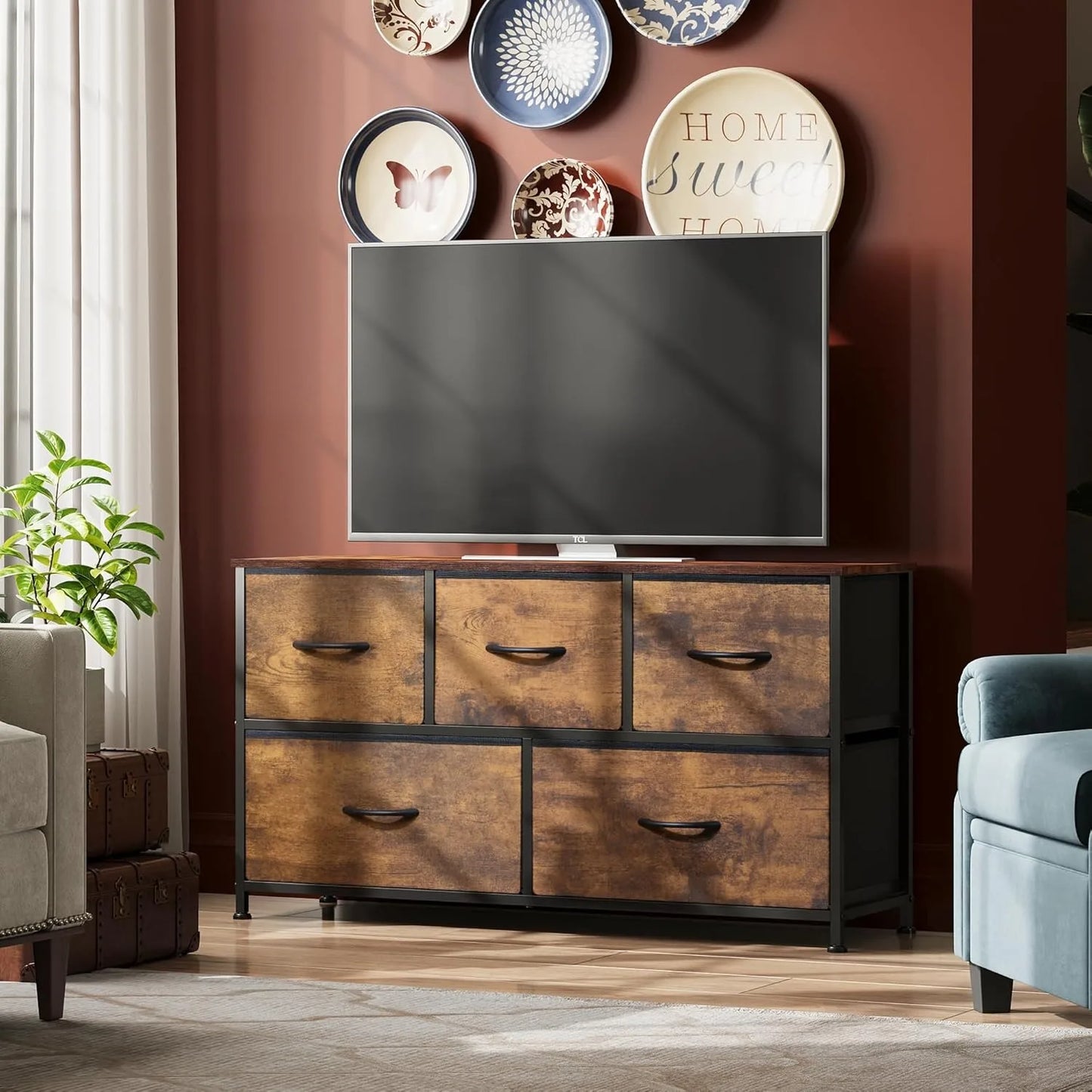 Chest of Drawers,5 Fabric Drawers Cabinet with Easy Pull Handle,Wood Top and Sturdy Steel Frame for Bedroom,Living Room