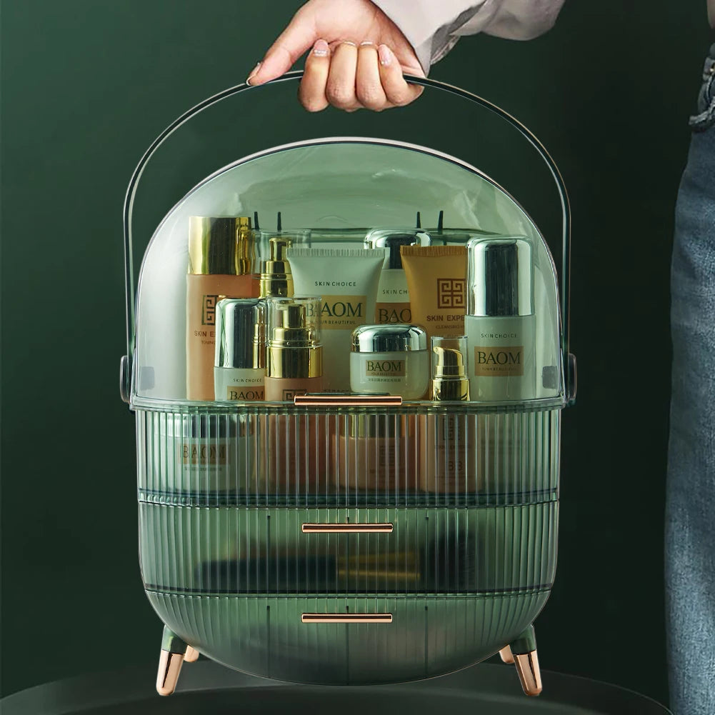 Transparent Green Makeup Organizer with Flip-Top 2 Drawers , Freestanding Large Capacity Cosmetic Storage 25x18.5x38cm