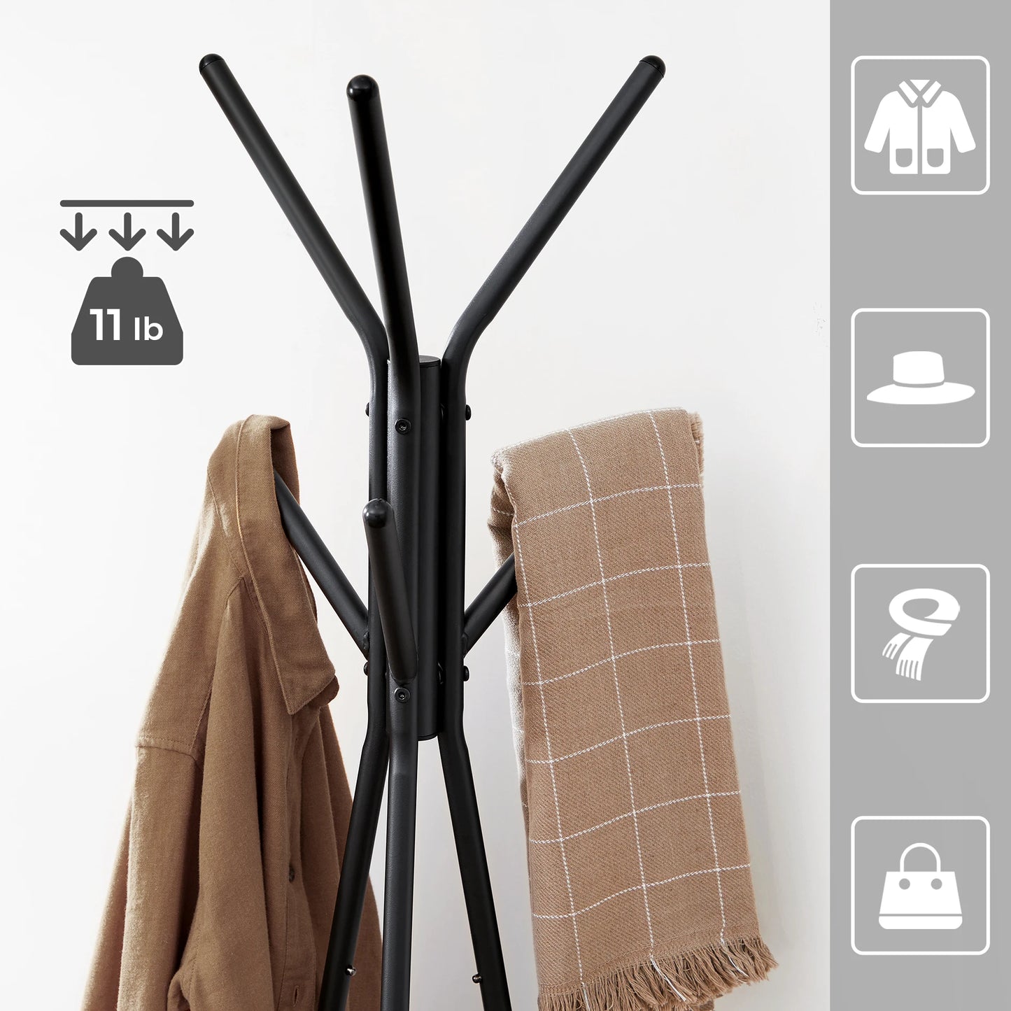VASAGLE Rack Stand, Coat Tree, Hall Tree Free Standing, Industrial Style, with 2 Shelves, for Clothes, Hat, Bag