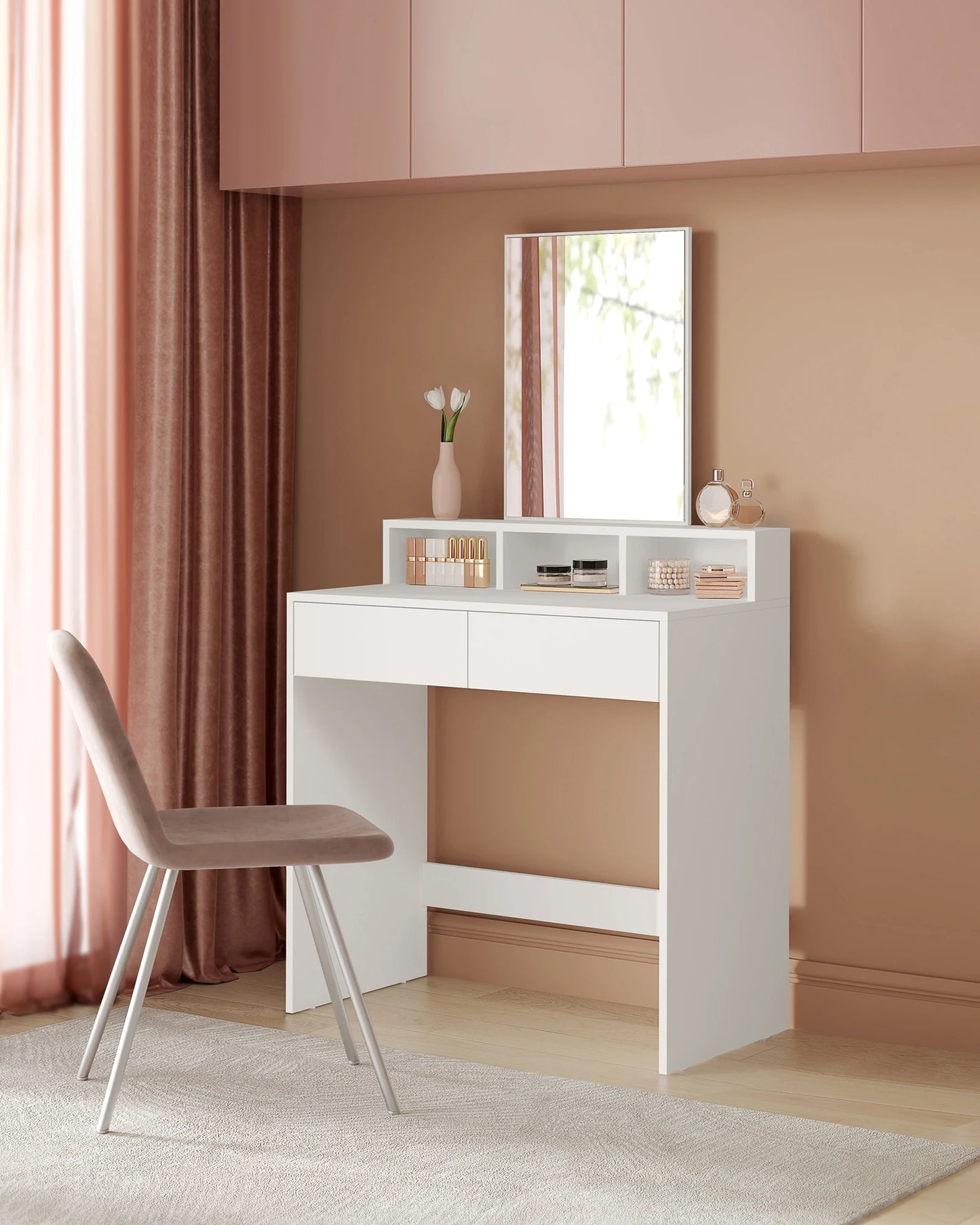 VASAGLE Dressing Table with Large Rectangular Mirror, Vanity Table with 2 Drawers and 3 Open Compartments, Vanity Table