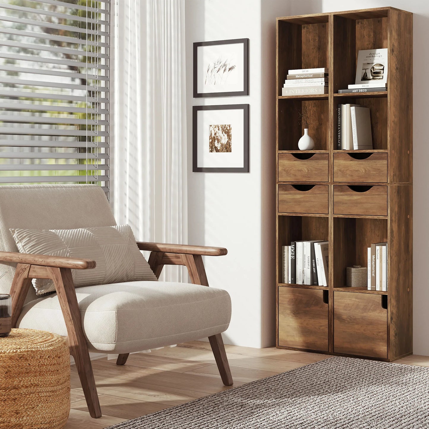 WOLTU Bookcase Standing Shelf with Drawers Door 30x158x24cm Home Office Display Storage Shelves Organizer for Living Room Decor