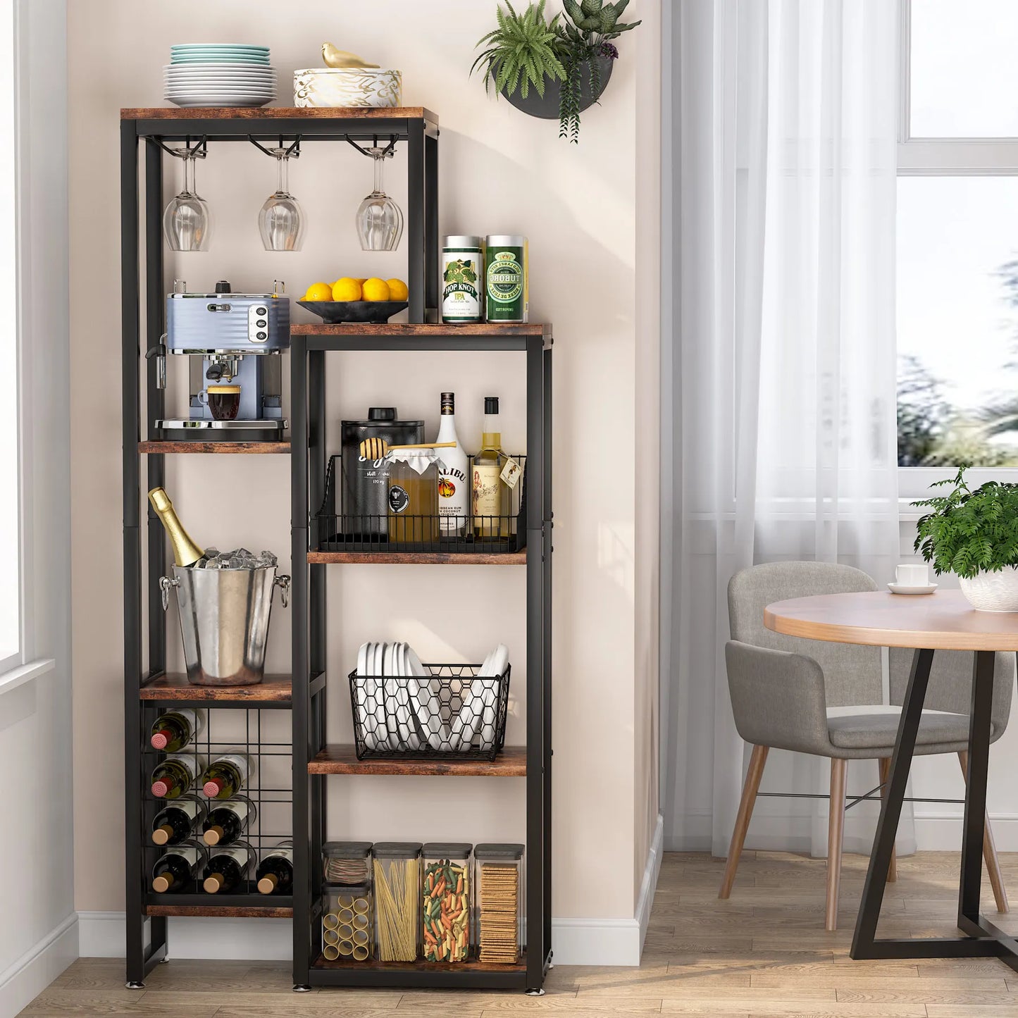 Tribesigns Wine Rack Freestanding Floor, 5-Tier Wine Baker Rack with Glass Holder & Wine Storage, Industrial Wine Display Shelf