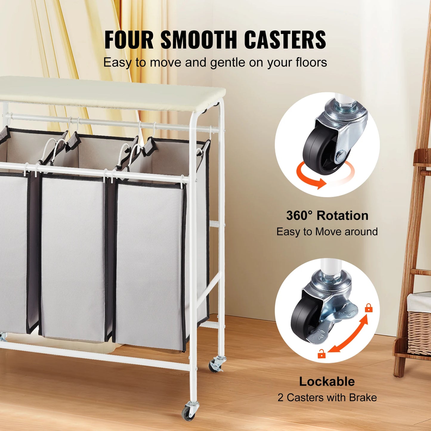 VEVOR 3/4-Section Laundry Sorter Cart W/ Ironing Board Laundry Hamper Rolling Laundry Basket Sorter for Clothes Cleaning Storage