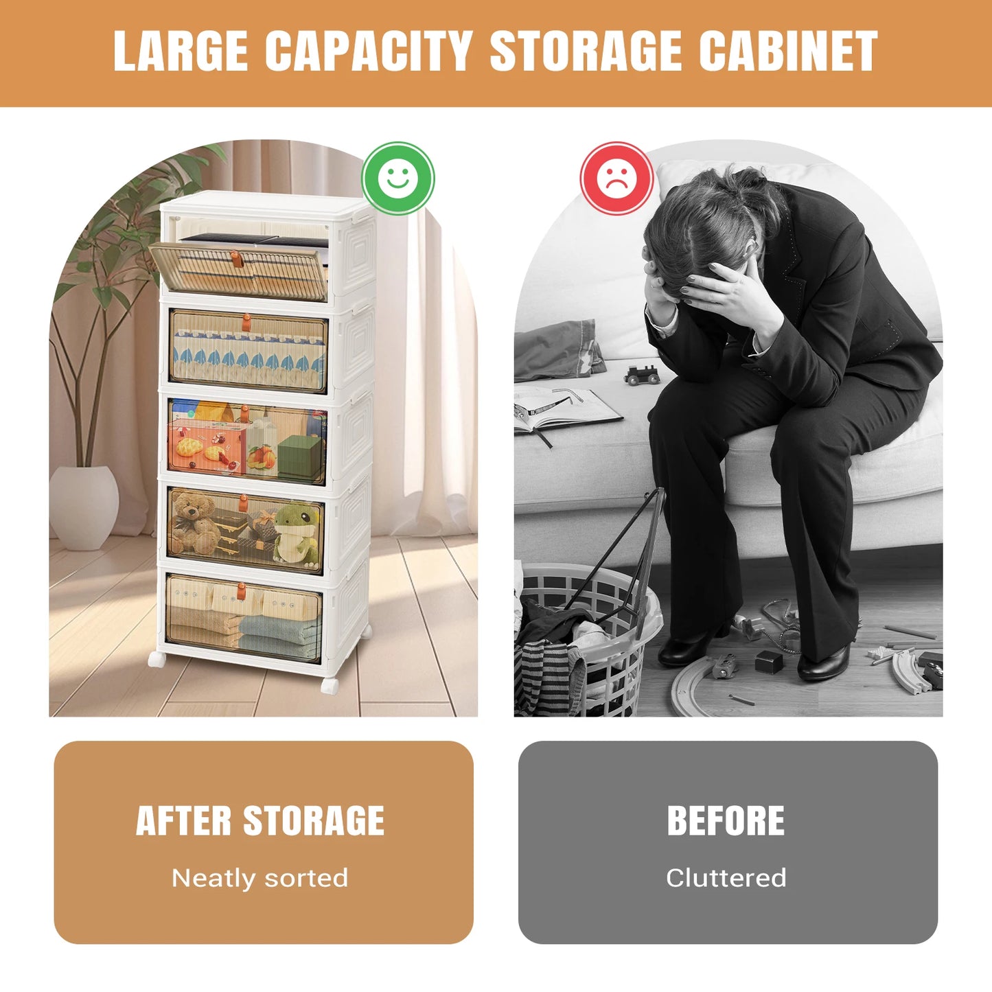 3/4/5 Tier Plastic Storage Boxes with Lid, Stackable Storage Boxes with Wheels for Bedroom Living Room Study Office