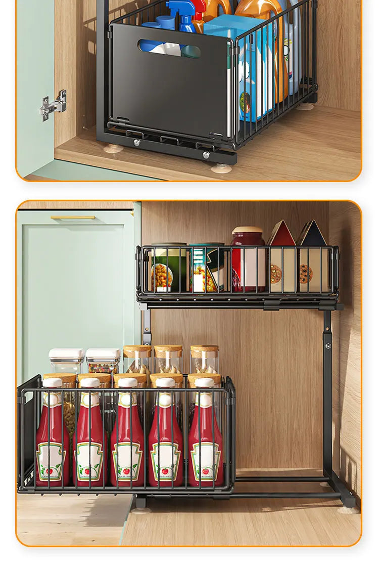 2-tier Under Sink Storage Organizer,Ajustable Sliding Cabinet Storage Basket,Kitchen Storage Rack with suction cups,Pull out Cab
