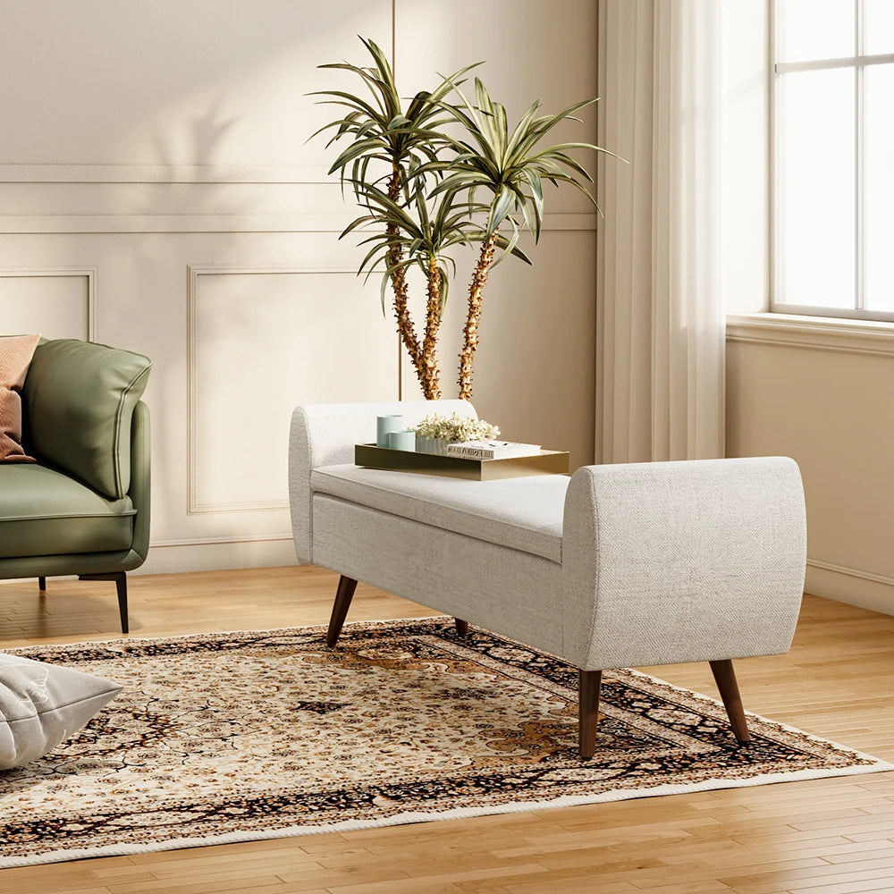 Linen Upholstered Modern Living Room Comfortable Multifunctional Storage Bench, Beige &Grey