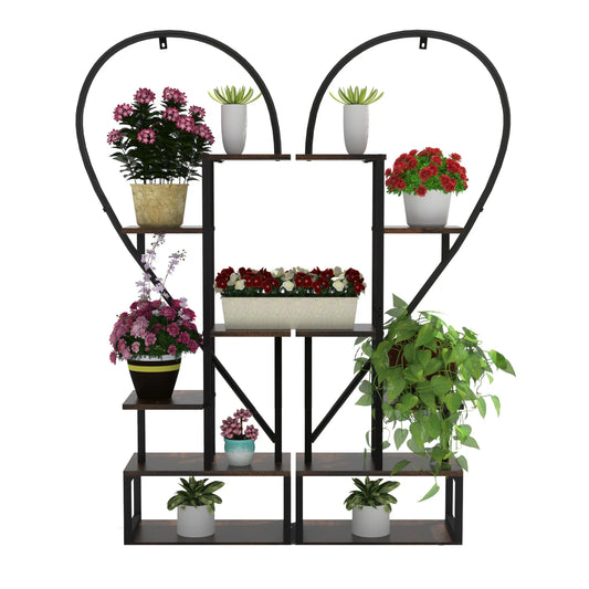 2 Pack Half Heart Shaped Metal Plant Stand 6-tier Garden Display Shelf with Hooks for Home Patio Lawn Flowers