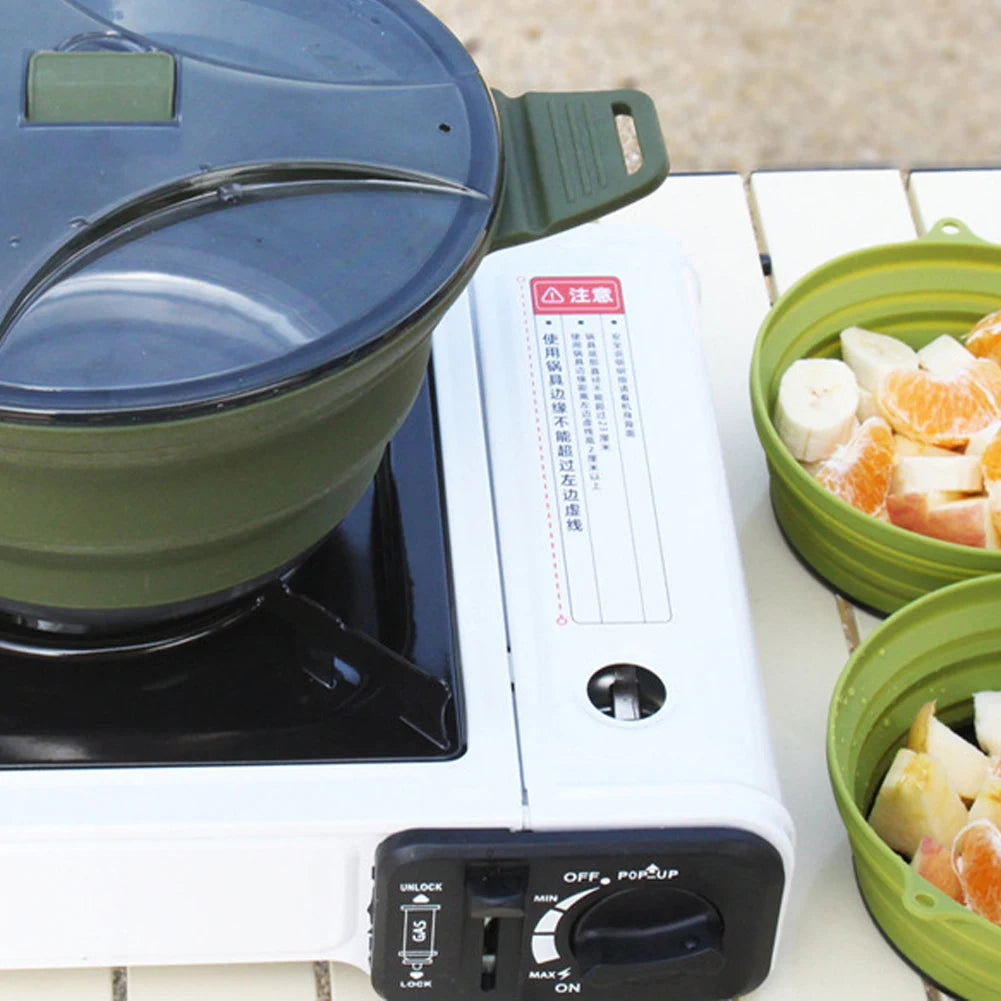 Portable Folding Pot Lunch Box Camping Pot Set with 2 Foldable Bowls Silicone Cooking Food Container Outdoor Camping Tableware