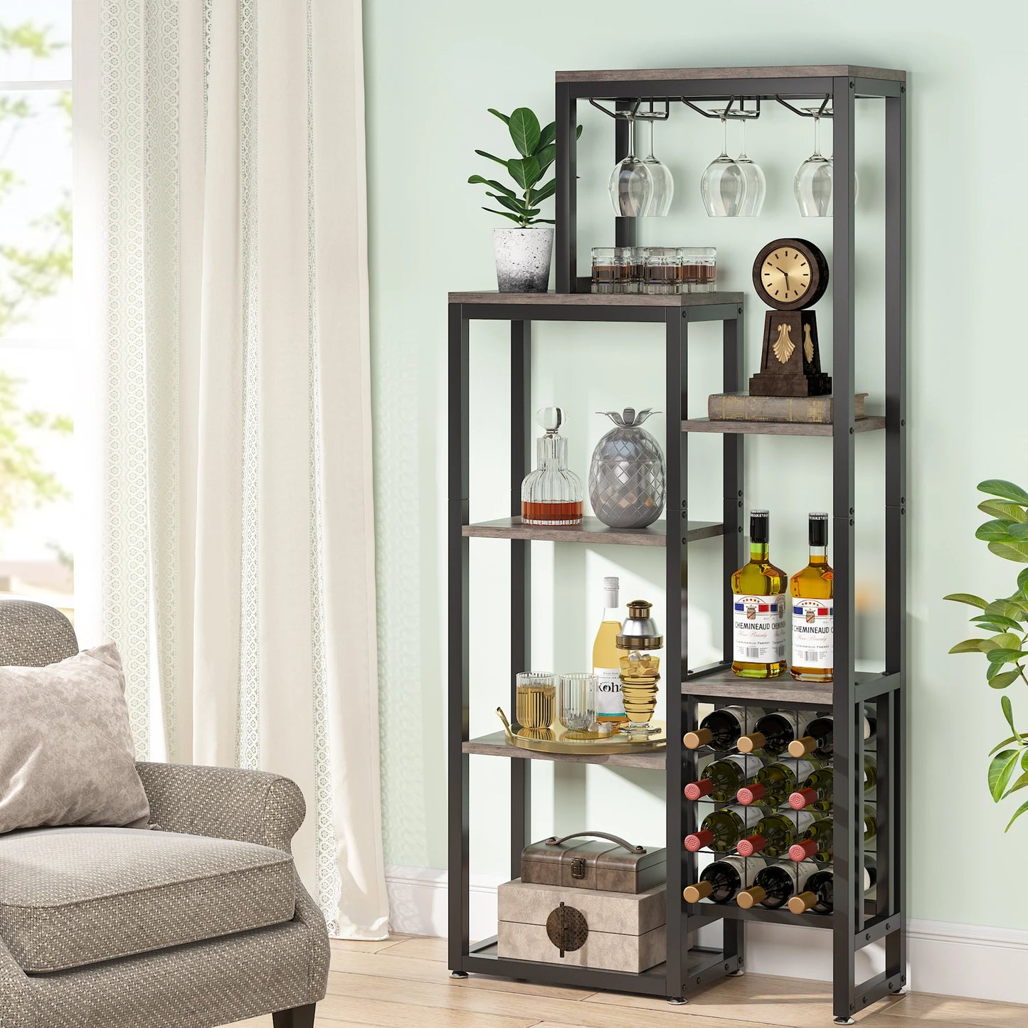 Tribesigns Wine Rack Freestanding Floor, 5-Tier Wine Baker Rack with Glass Holder & Wine Storage, Industrial Wine Display Shelf